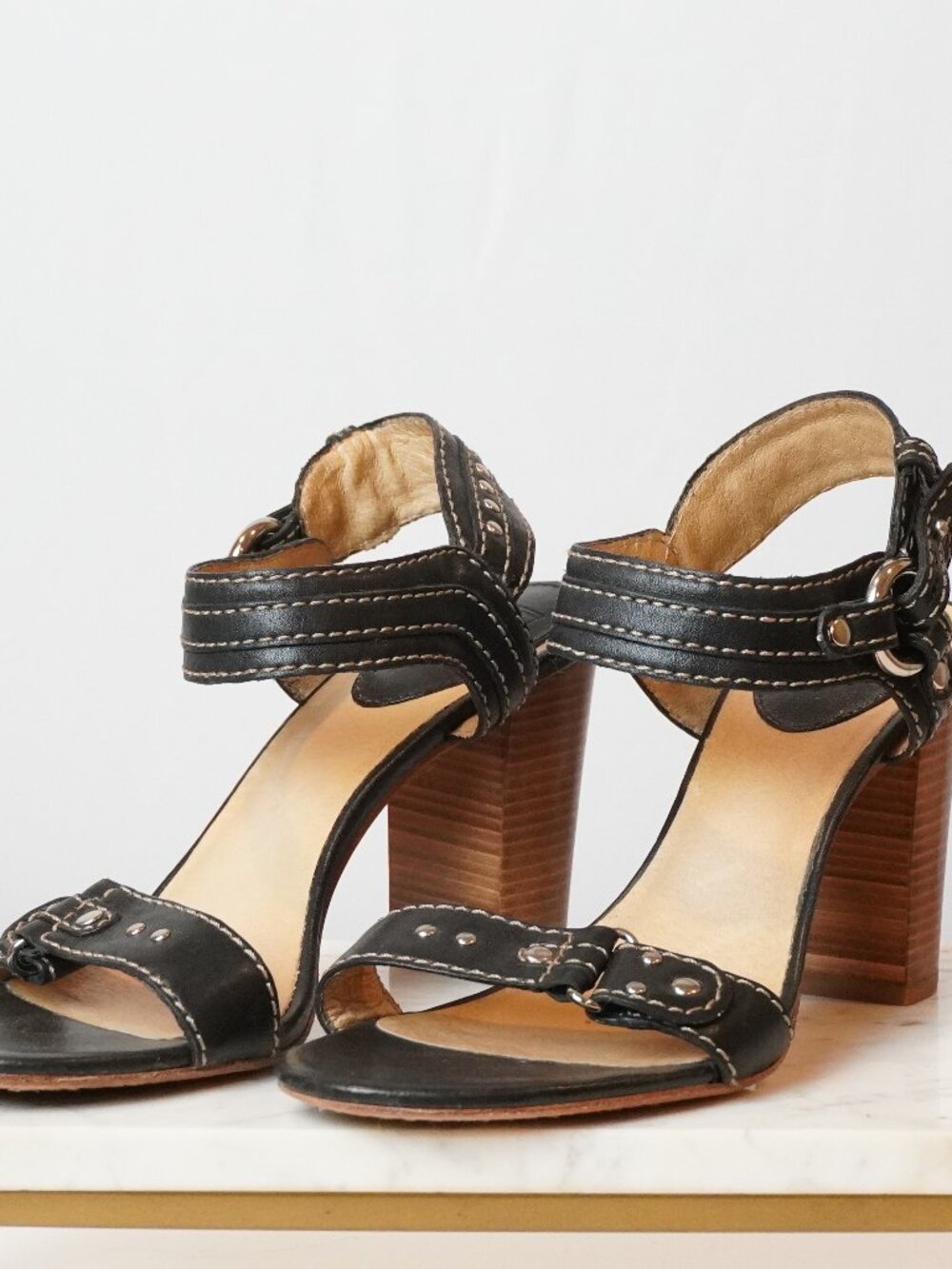 Frye Black Leather Strappy Sandals